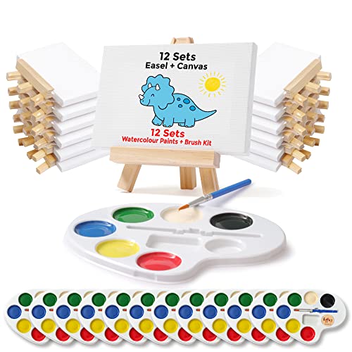 Set of 12 Mini Canvases 4x6 and Easel Set with Water Colors Paint Kids