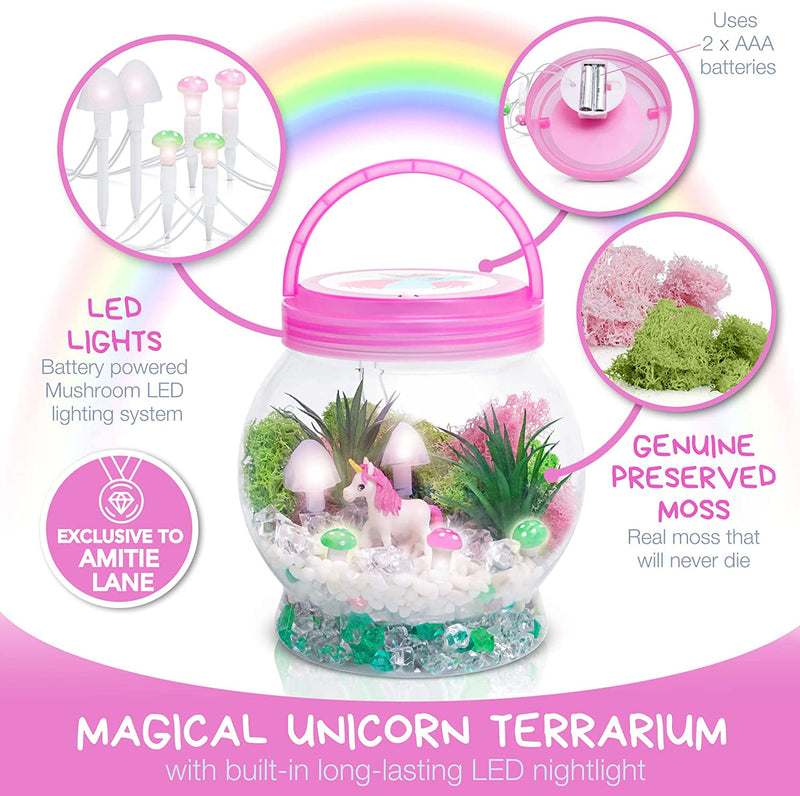 Kit de terrario de unicornio iluminado para niños con luces LED de seta