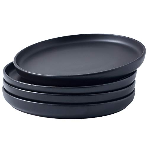 Bruntmor 6 Ceramic Plate Set of 4 Round Grey Salad Plate for Kitchen Black