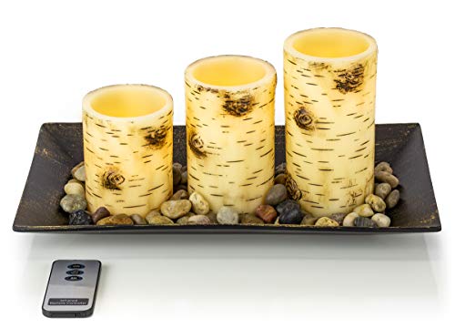 Dawhud Direct Birch Bark Candlescape Set, 3 LED Flickering Flameless Wax Candles & Remote