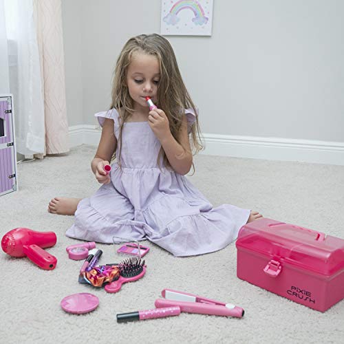 PixieCrush Kids Makeup Kit for Girls with Pretend Hair Dryer and Flat Iron