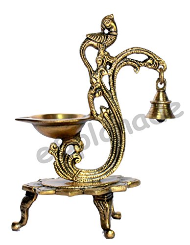 Esplanade 8 Peacock Diya With Bell Brass Diya for Home Decor Golden