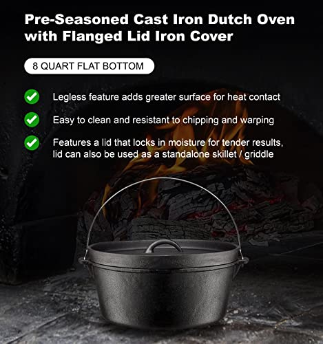 Bruntmor , 3 Legged Pre-Seasoned Cast Iron Camping Flange Lid Deep Dutch Oven, 8.5 Quart w/ Metal Handle