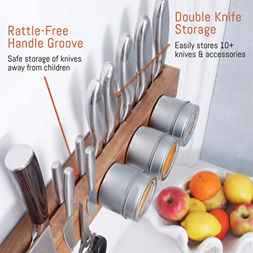 Premium 10 inch Magnetic Knife Holder for Wall with Double Storage & Charming Wood - Knife Magnetic Strip, Knife Magnet, Magnet Knife Holder Strip, Magnetic Knife Strip Knife Rack Kitchen Knife Holder