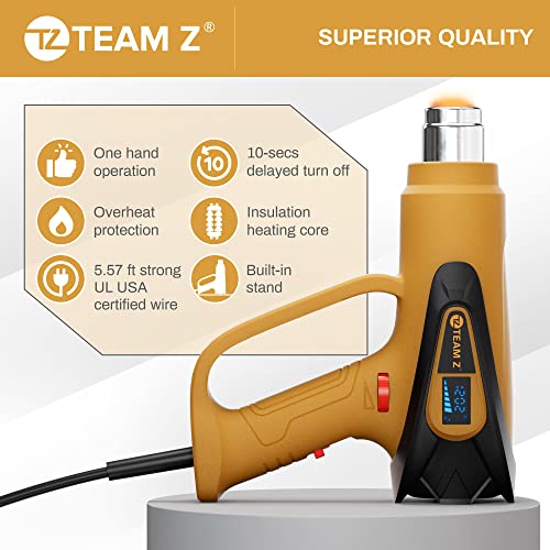 Team Z 1800W Heat Gun Kit 212°F to 1112°F(Only °F)- Fast Heating Heavy Duty  Hot Air Gun, LCD Display, Overload Protection with 4 Nozzles for Shrink