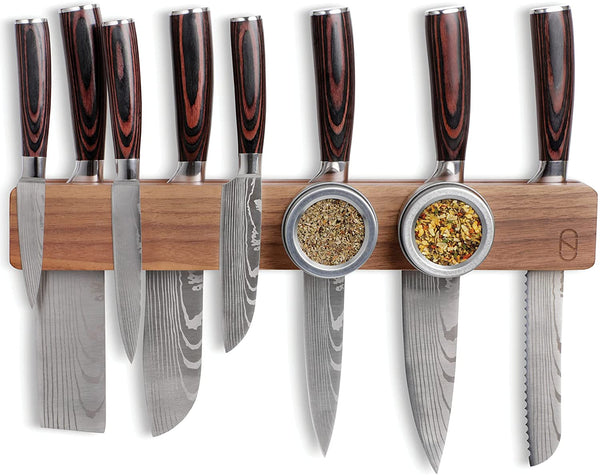 Walnut 16 inch Knife Magnetic Strip Wall Holder with Double Storage & Charming Wood